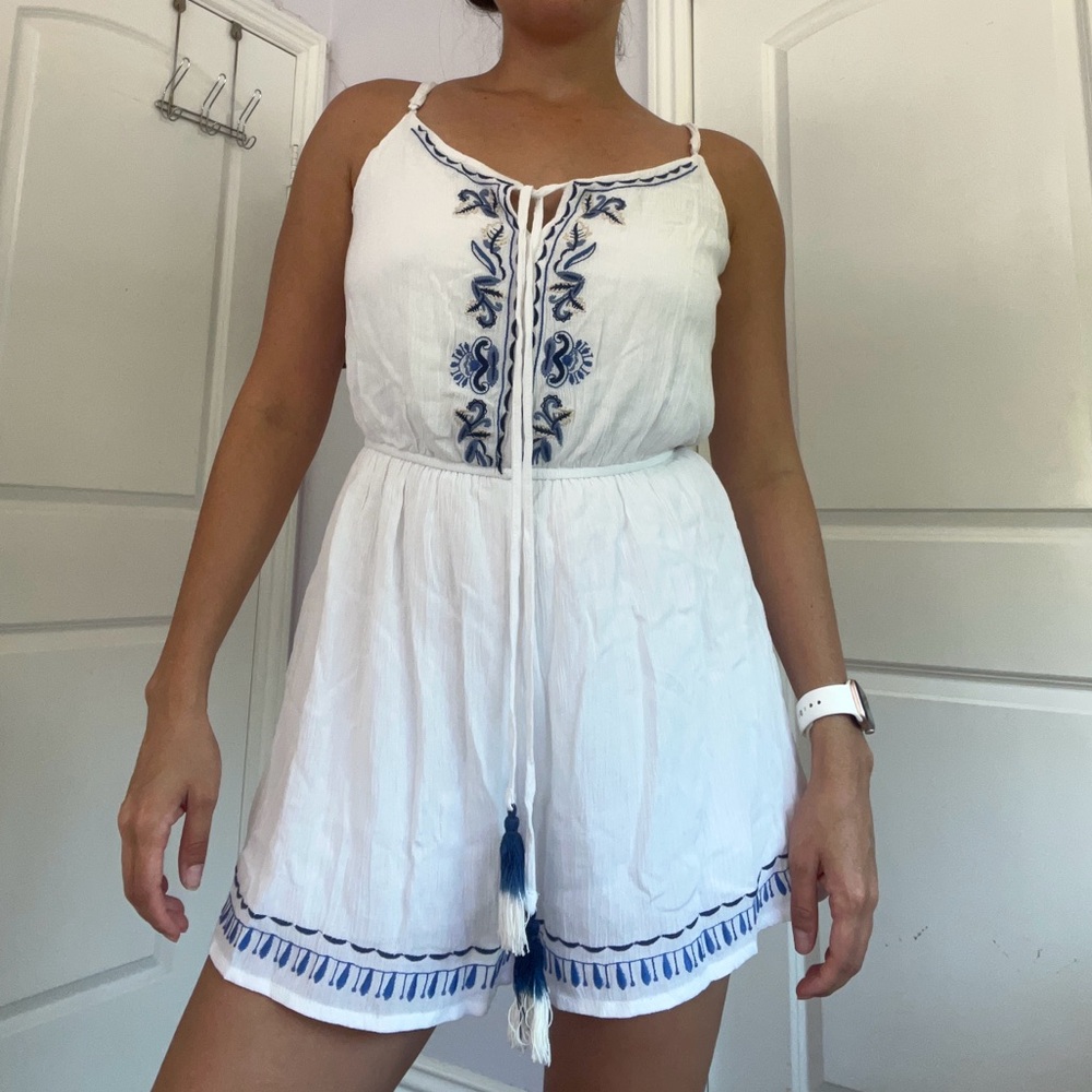 Lily Rose white and blue embroidered romper